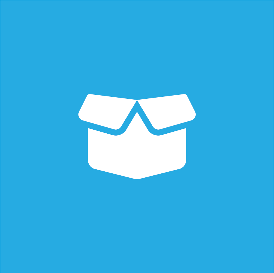 A white icon of an open box on a cyan square background