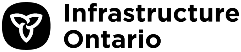 A white trillium flower icon on a black rounded Square background. On the left is the words infrastructure Ontario on two separate lines in Black
