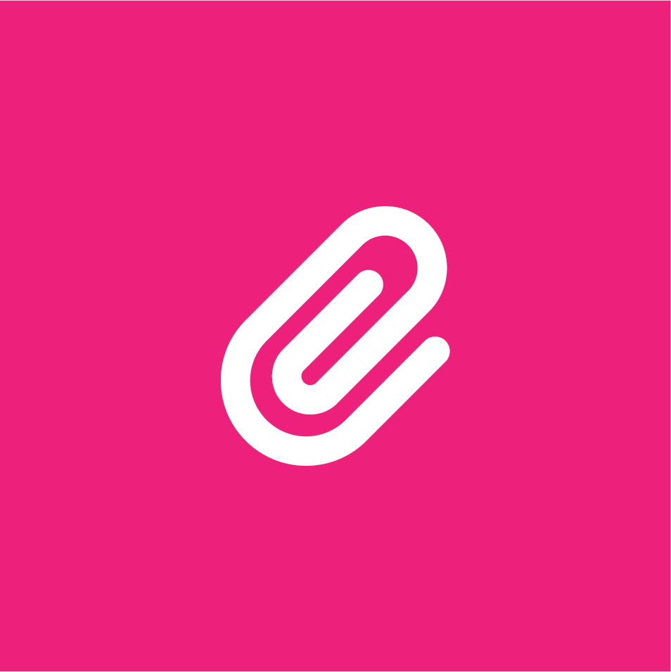 And icon of a white paper clip on a 45° angle on a magenta Square background
