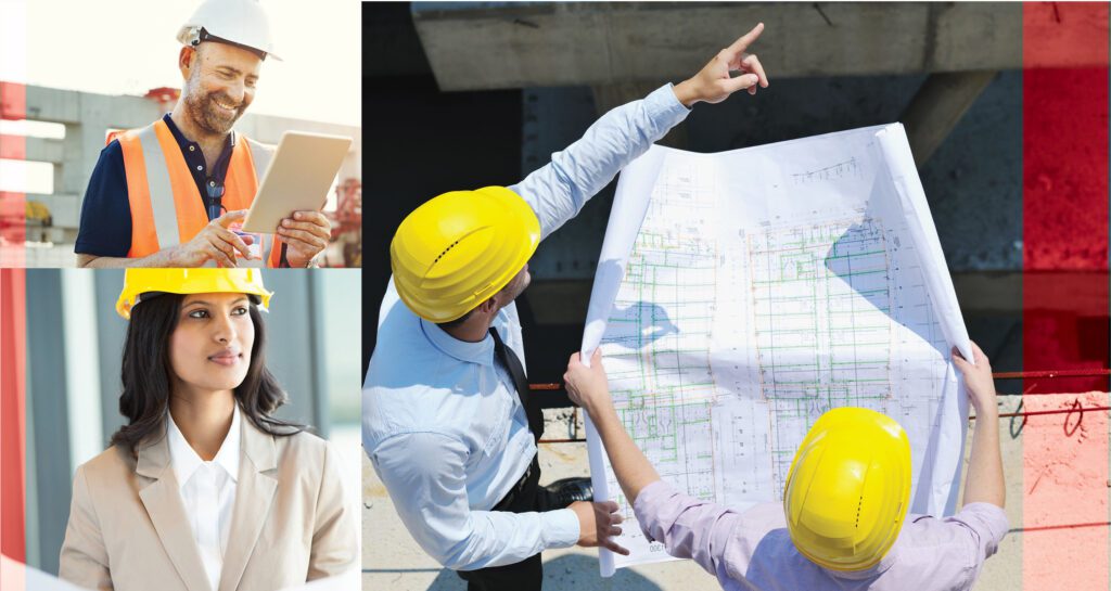 A collage of three images two small ones on the left and one big one on the right. The first image at the top showcases a contractor holding a tablet on a job site wearing a orange reflective vest and hard hat. The picture below that shows a young woman wearing a hard hat in an office setting. The big large picture is a overhead view of two contractors on a job site with yellow hard hats. One of them is holding a blueprint of the structure the other is pointing off in the distance.