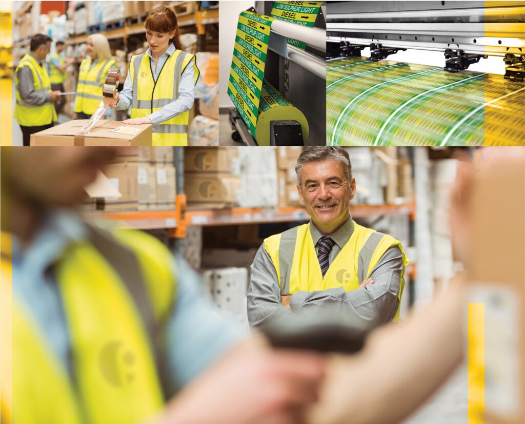A collage of five images. The first image is a young woman using a tape gun to package a box in a reflective vest with the Primark logo on the left. With the background of a shipping warehouse and other coworkers talking. The second image is of a printing machine rolling up multiple copies of pipe labels. The third image is of a different printing machine printing the same pipe labels but very fast. The fourth image the largest one is of a middle-aged man with a tie and gray hair smiling while wearing a yellow reflective vest with the Primark logo on the right. There is a blurred worker in front scanning boxes also wearing a yellow vest with the Primark logo on the right. The background is a warehouse with lots of boxes