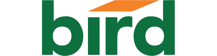 The word bird in all lowercase letters with an orange parallelogram over the "i" and the "r"
