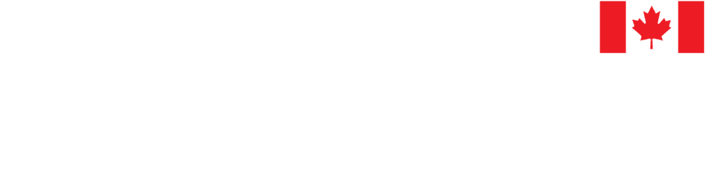 The word Canada in classic white lettering. There is a red Canada flag at the last letter "a"