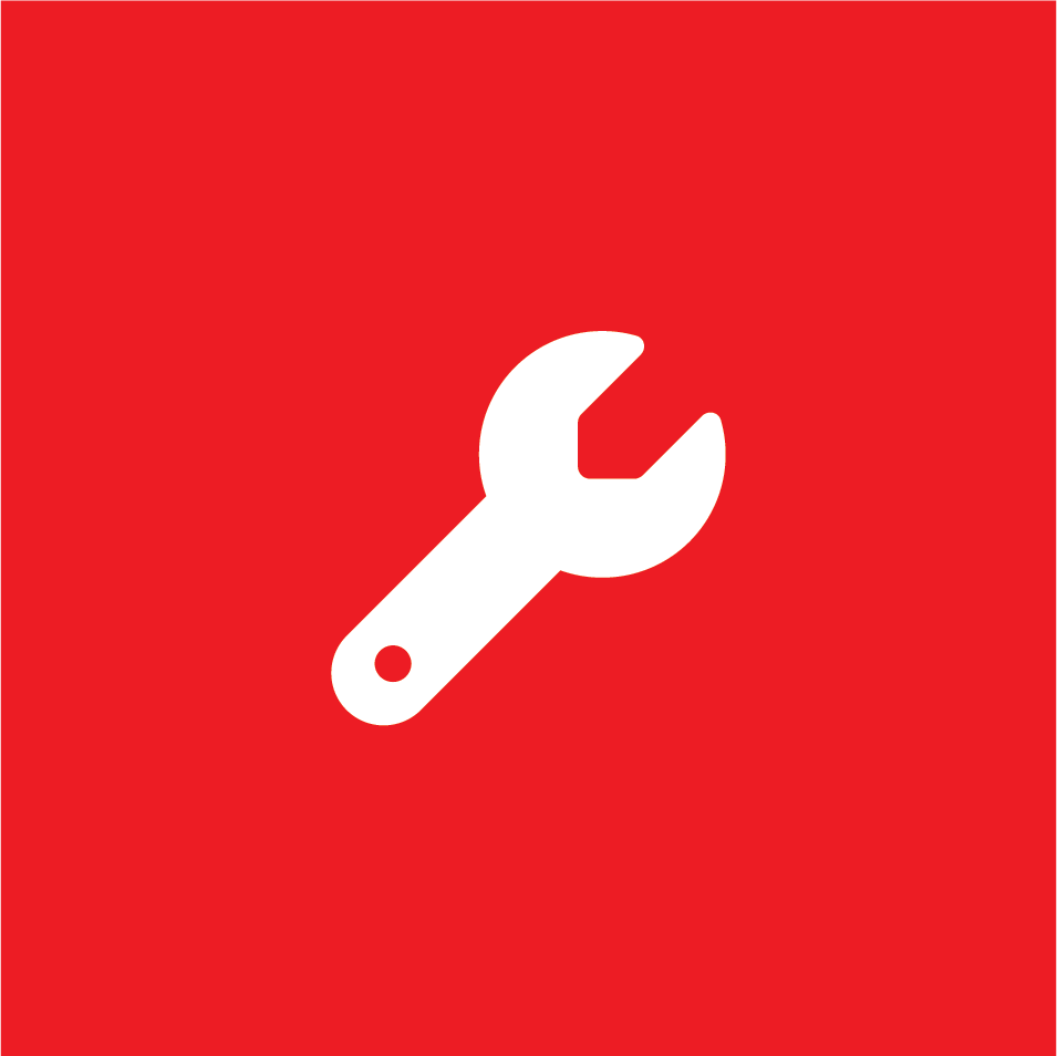 A white icon of a wrench on a red square background