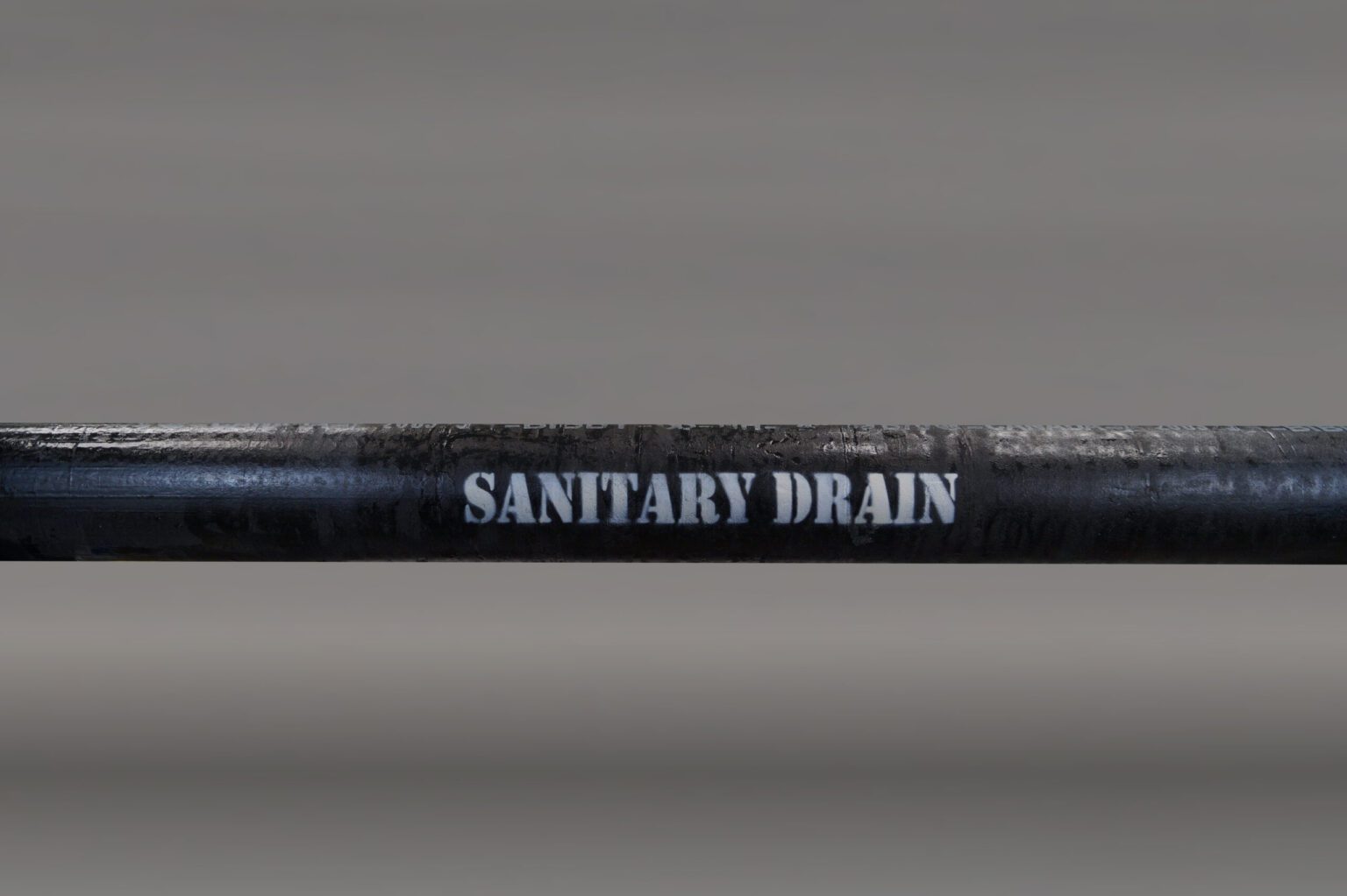 A black pipe that has the words "sanitary drain" freshly spray painted on