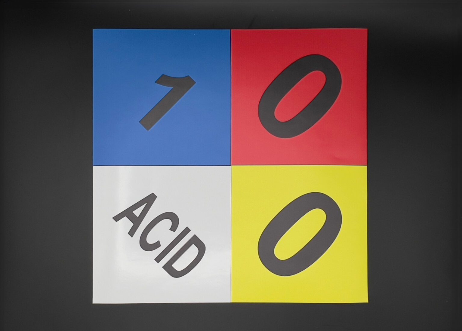 A square sticker divided in 4 small squares. The first two at the top are blue and red the bottom two are white and yellow. The number 1 is in the blue square. There are two numbers zeros one in the red and one in the yellow. The white square reads acid