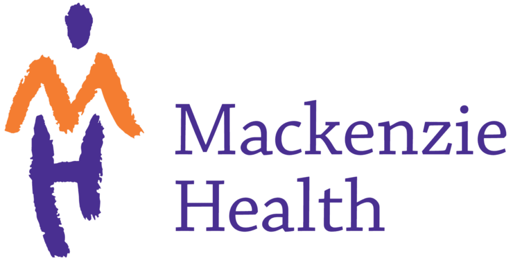 The word Mackenzie health in purple thin letters. To the right is a stylized letter "M H" that form a silhouette of a person