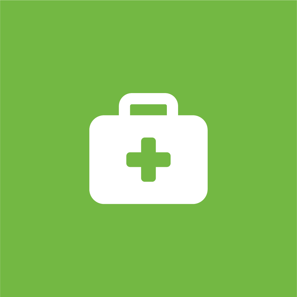 An icon of a white medical briefcase on a square green background