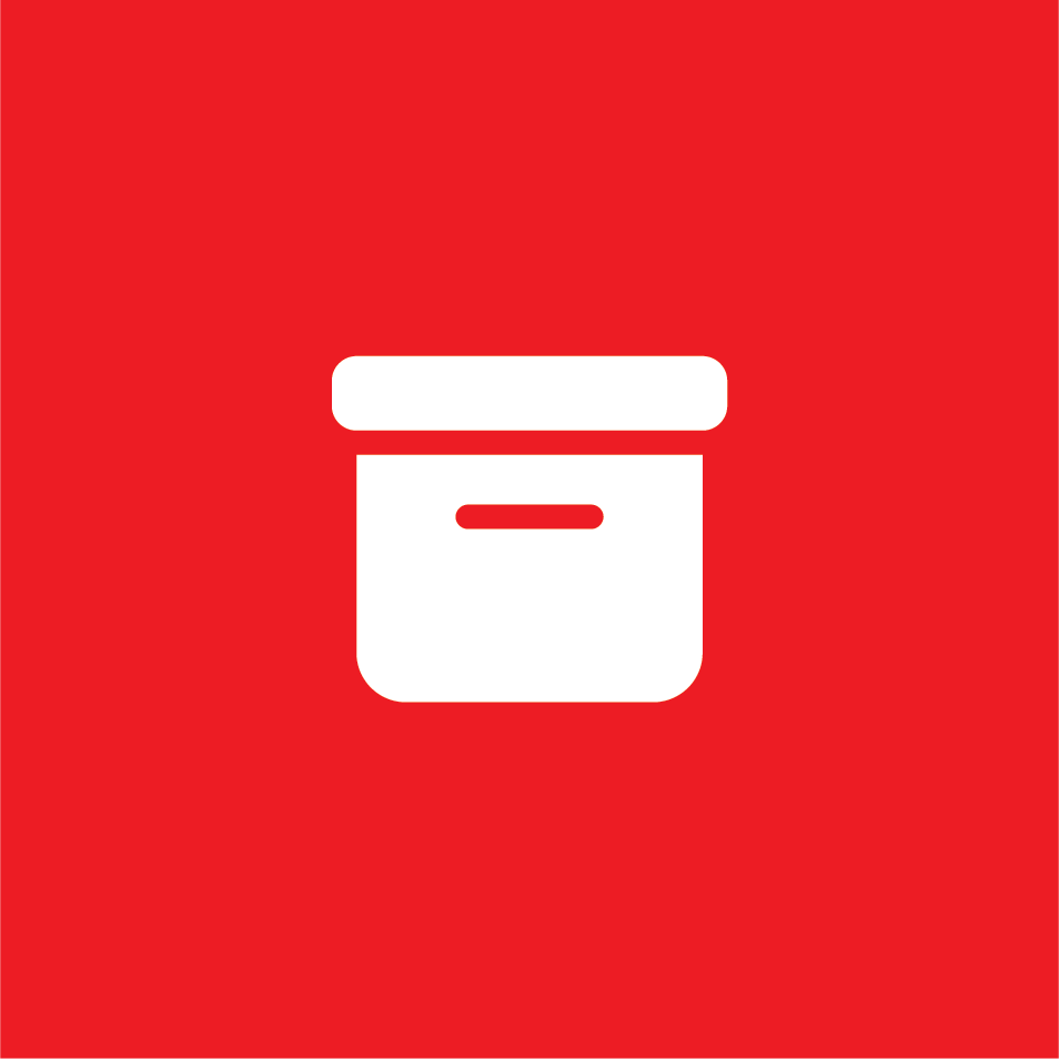 An icon of a closed labeled box on a red square background