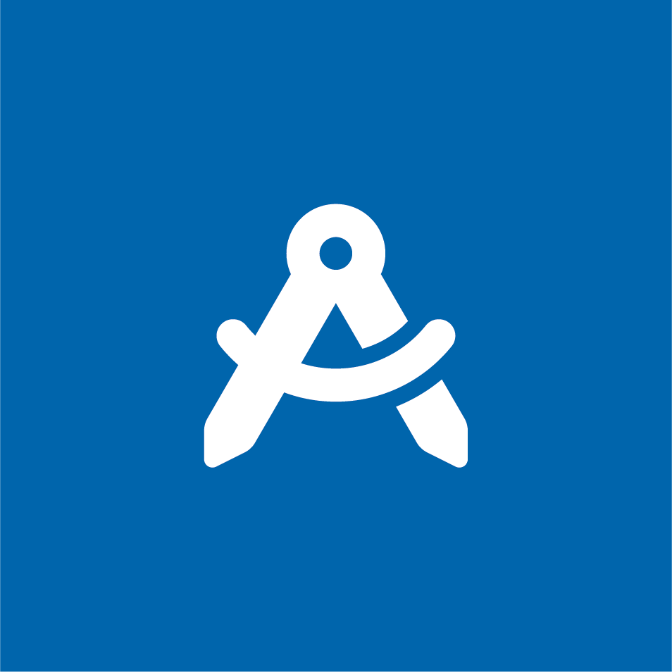 An icon of a white drawing compass on a square blue background