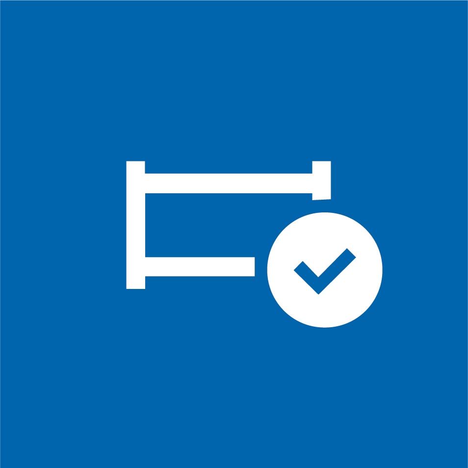 A white icon of a pipe with a check mark in the lower left corner on a square blue background