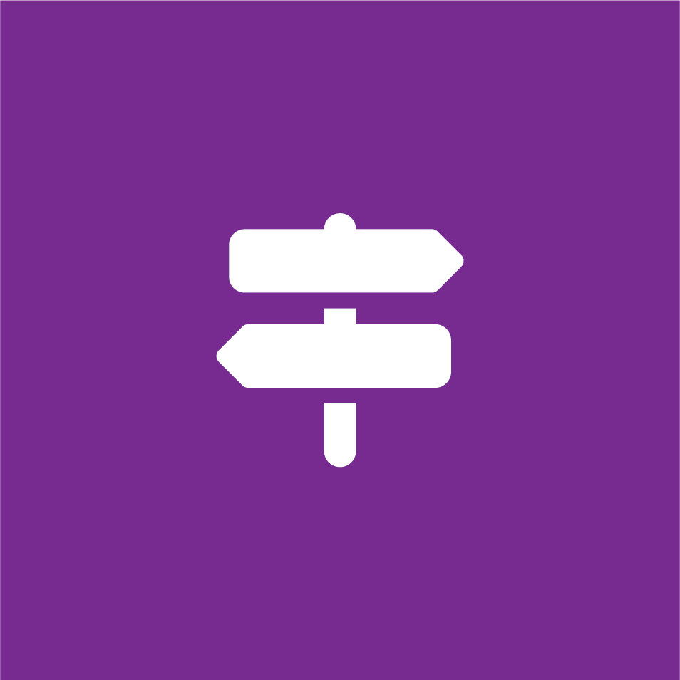 A white icon of a directional sign on a purple Square background