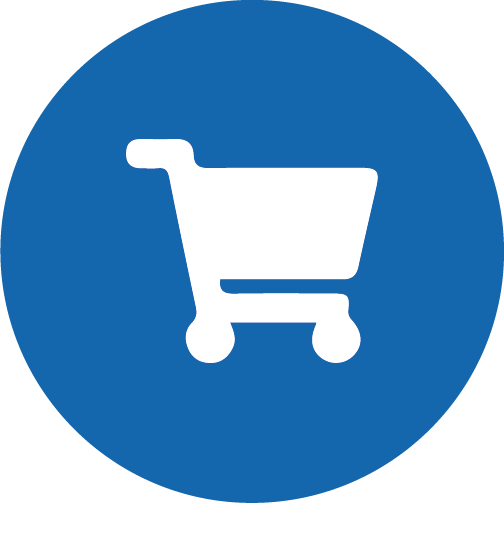 A white cart icon on a blue circle background