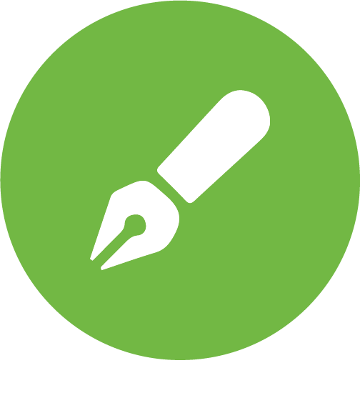 A white pen icon on a green circle background