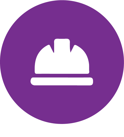 A white hard hat icon on a purple circle background