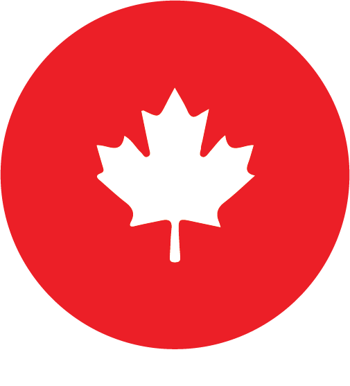 A white Canadian maple leaf icon on a red circle background