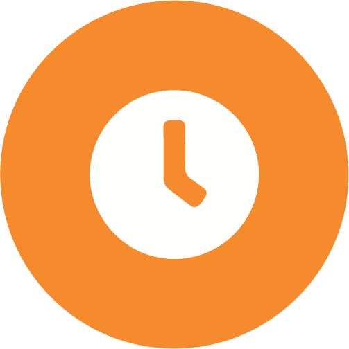 A white clock icon on a orange circle background