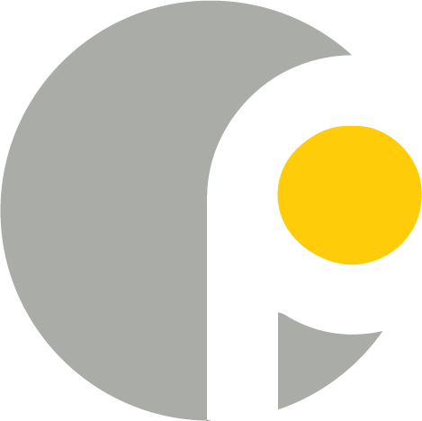 A gray Circle with the letter "p" cut out. the inside of the letter is a yellow circle