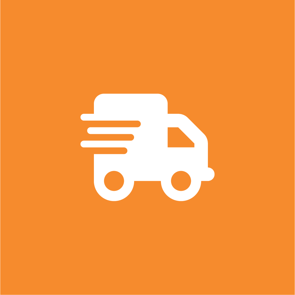 An icon of a speeding delivery truck on an orange Square background