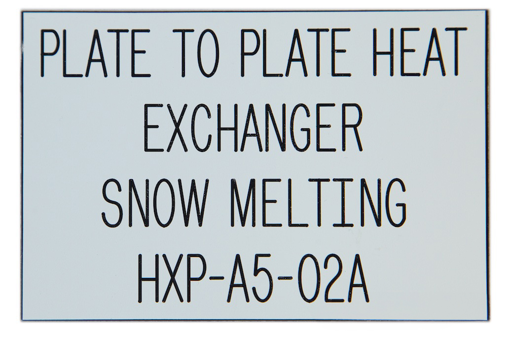 A white llamicoid that reads " plate to Plate heat exchanger snow melting HXP-A5-02A"