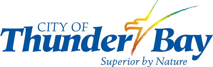 Small letters at the top read "city of" in large letters underneath it reads "Thunder Bay." There is a stylized image of a hawk between the words "Thunder" and "Bay"